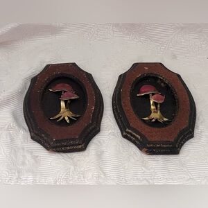 Vtg MCM Mushroom Decor Metal 3D Wood Brutalist Style Retro Plaque Set Of 2